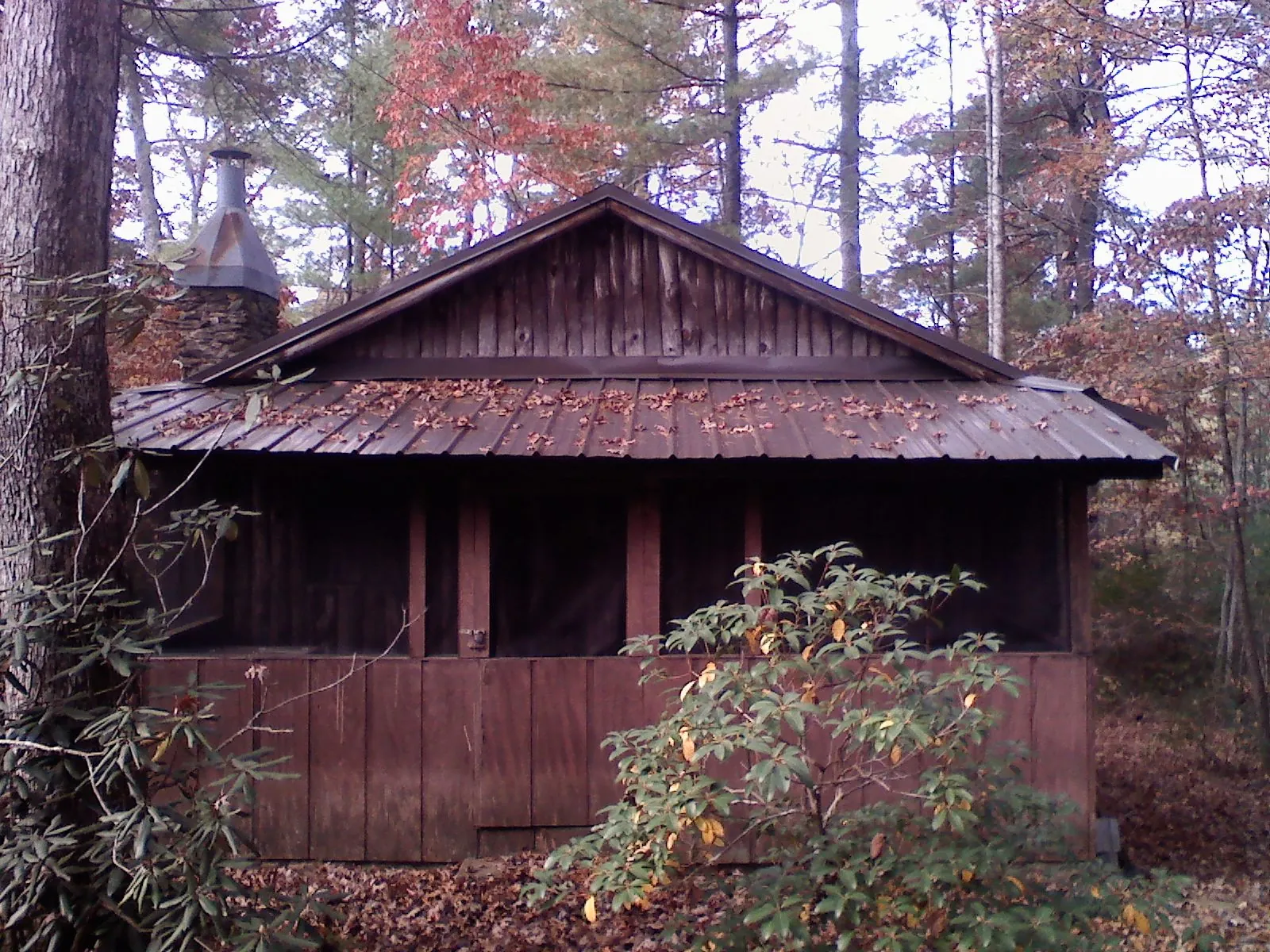 Metal roof over the screened porch of a rustic cabin in Milford